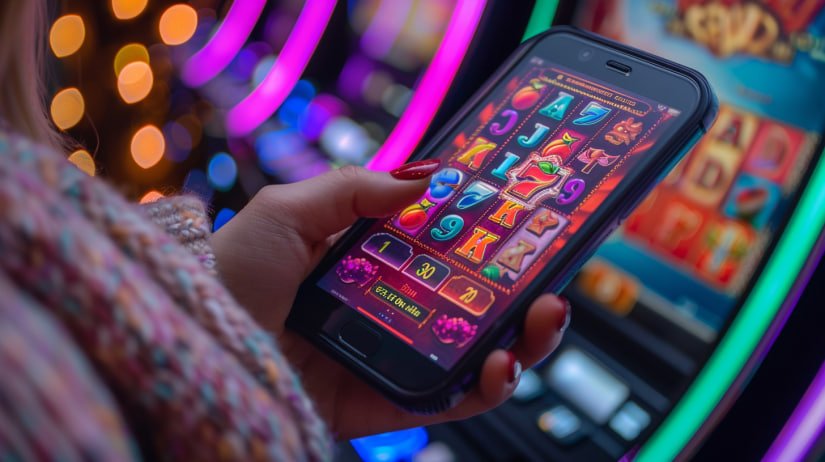 NetEnt slots on mobile – Starburst variant Mobile phone showing NetEnt slot game interface